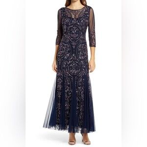 Pisarro Nights Sequin Beaded Illusion Mesh Three-Quarter Sleeve Gown Dress Navy